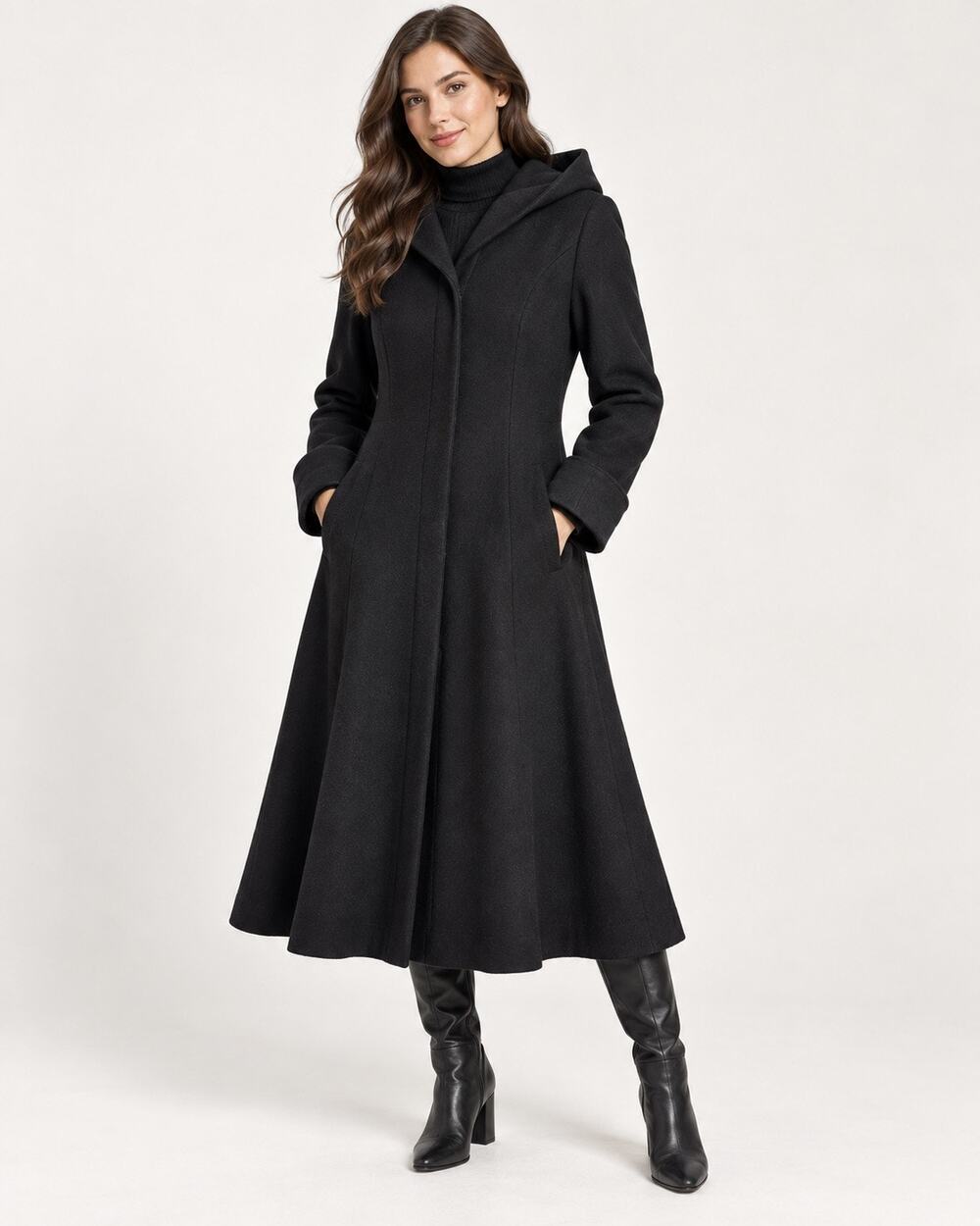 Chadwick’s Womens 14 Black Wool Blend Hooded Maxi Coat Velvet Trim Gothic